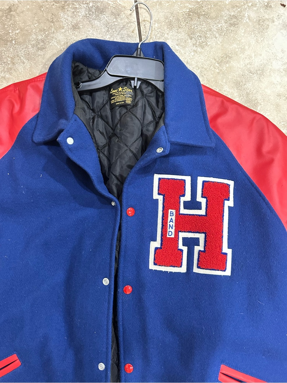 Men's Blue & Red Varsity Letterman Jacket with H Patch - Picture 3 of 8